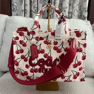 NWT Coach Medium Cargo Tote Cherry Print Canvas Red Strap